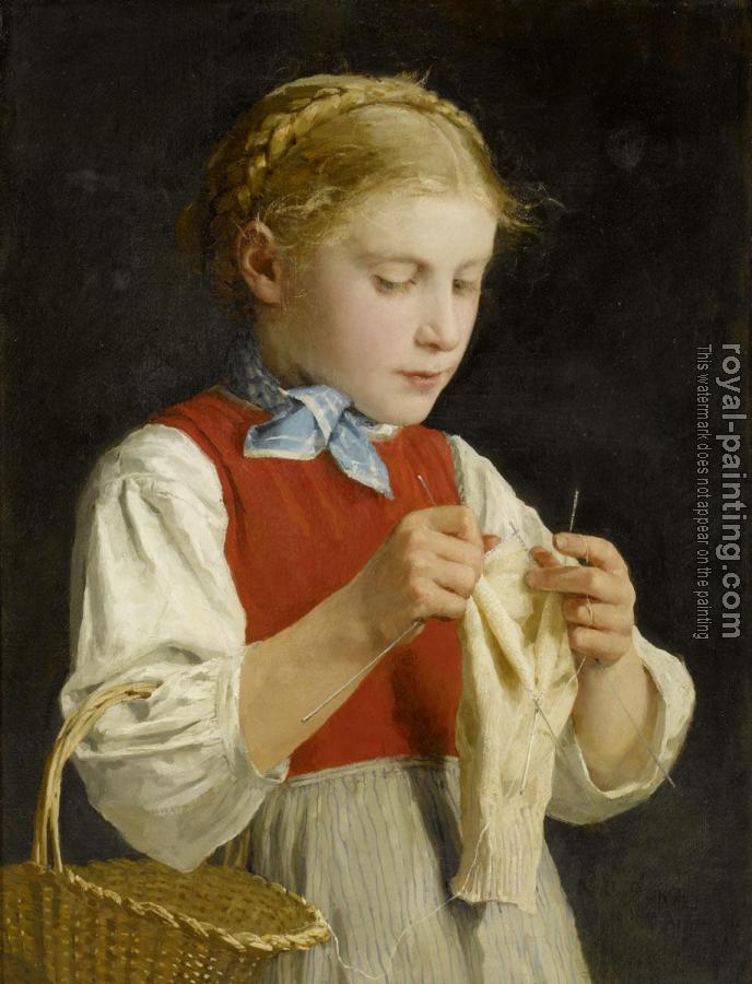 Young girl knitting by Albert Anker | Oil Painting Reproduction